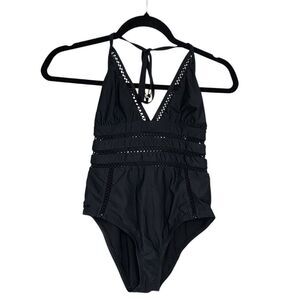 Ella Moss Swimsuit M 1 Pc Black Tie Neck Mesh Panels